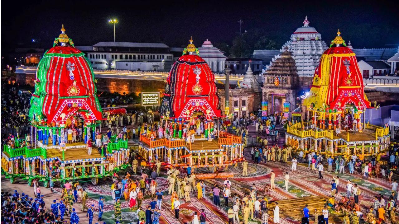 the chChariots of Lord Jagannath, Lord Balabhadra and Goddess Subhadra were stationed at the Jagannath Temple. Pic/PTI